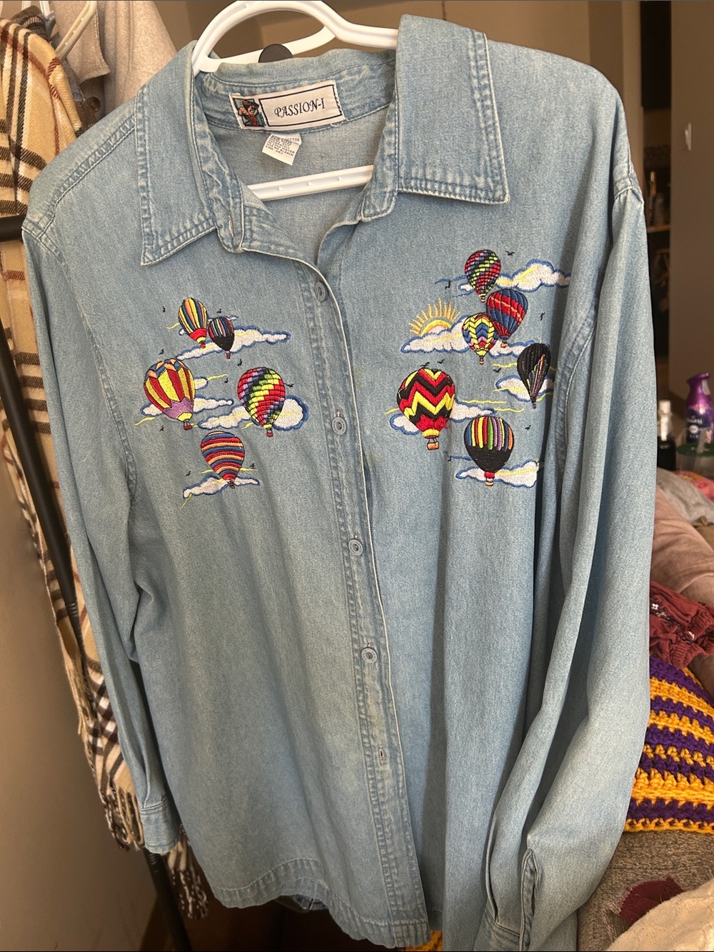 Passion-I Light Wash Embroidered Balloon Button-Down Shirt